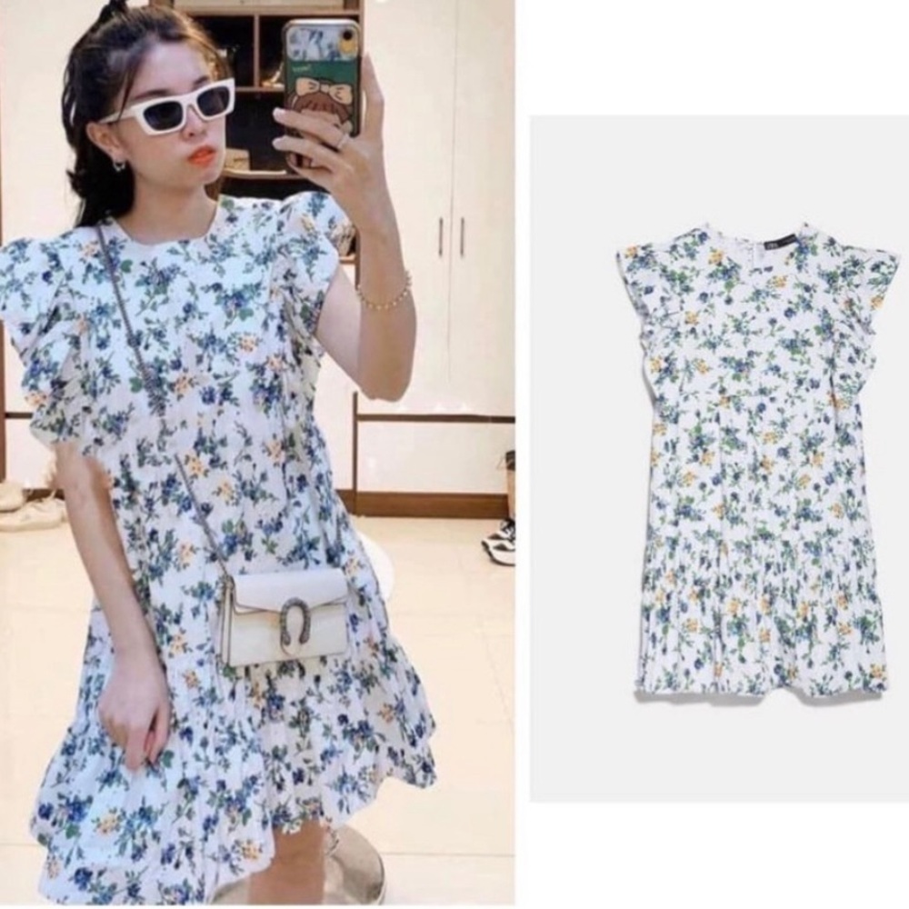 Zara floral mini dress ruffle sleeve white